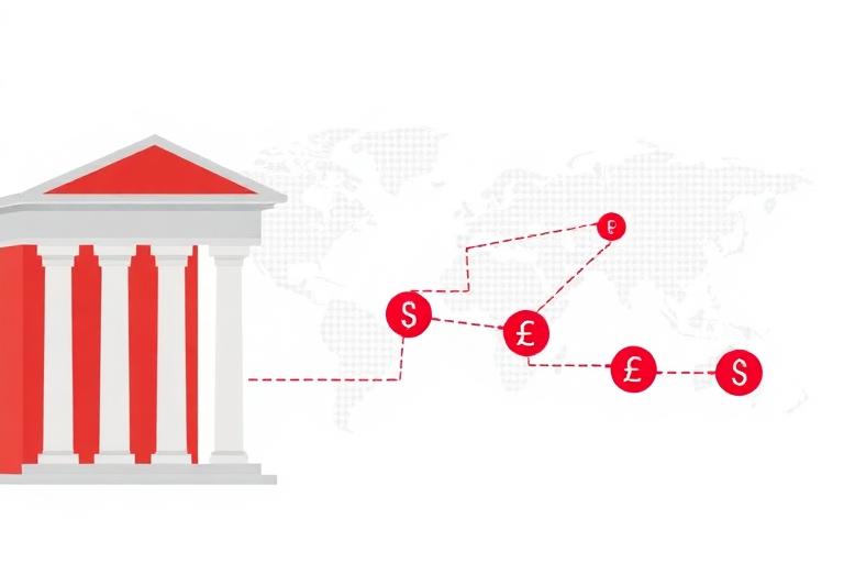 Banking building connected to multiple currency nodes worldwide