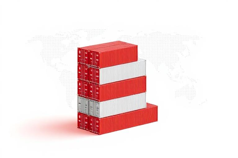 Isometric shipping containers over a dotted world map